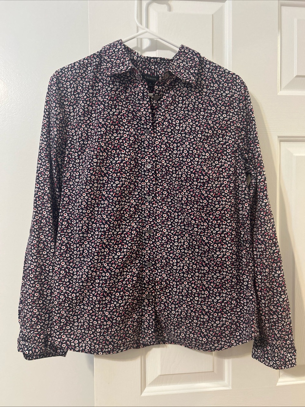 Talbots womens classic button down size 12 navy red white floral ditzy preppy